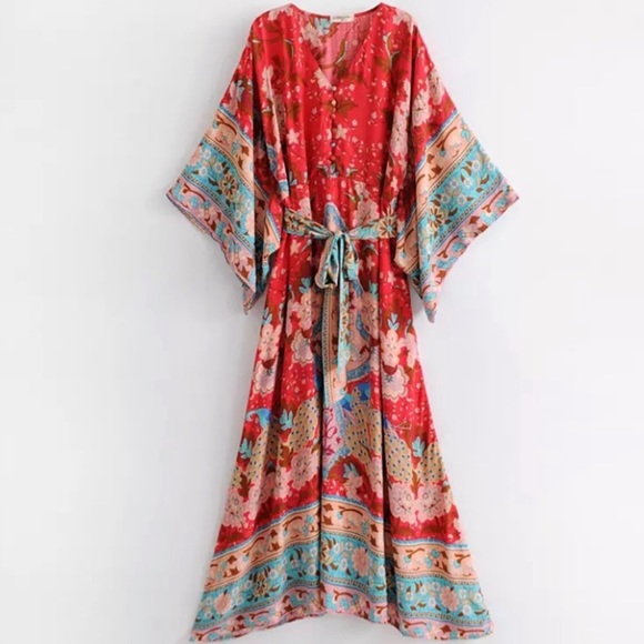 Lena Vie Boutique Dresses & Skirts - Bohemian Red Floral Gypsy Kimono Long Maxi Dress